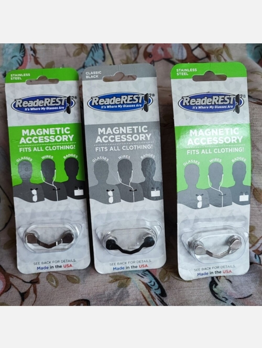 ReadeRest Magnetic Eyeglass Badge Holder Earbud Wire Set of 3 Shark Tank NEW NIP